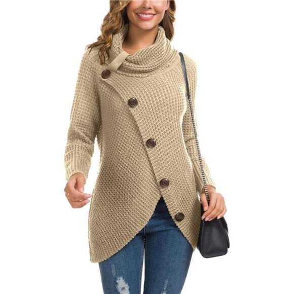 Women’s Turtleneck Chunky Sweater - Fall Asymmetric Knit Pullover, Long Sleeve - Picture 6 of 7